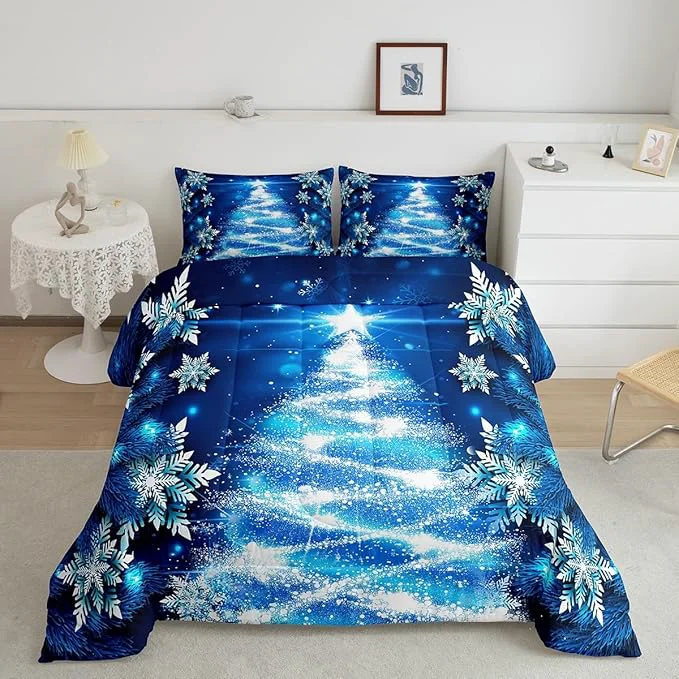 Clean Feelyou Girls Christmas Tree Comforter Set Blue Xmas Theme Comforter Toddler Chic Winter Snowflake Bedding Set for Girls Daughter Bedroom Decor Soft Girly Glitter Quilted Duvet Winter Warm Bedding Convenient