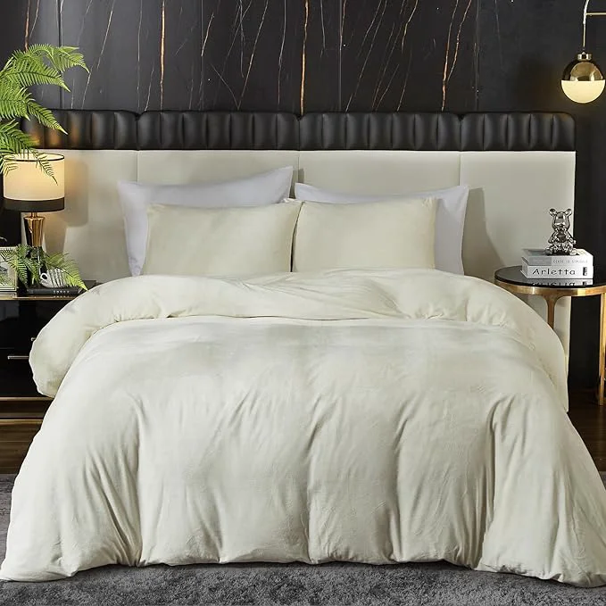 Elite Ivellow Velvet Duvet Cover Set Beige Duvet Cover Queen Size 3Pcs Ultra Soft Comforter Cover Breathable Solid Luxury Flannel Velour Duvet Cover Zipper Closure Corner Tie Smart