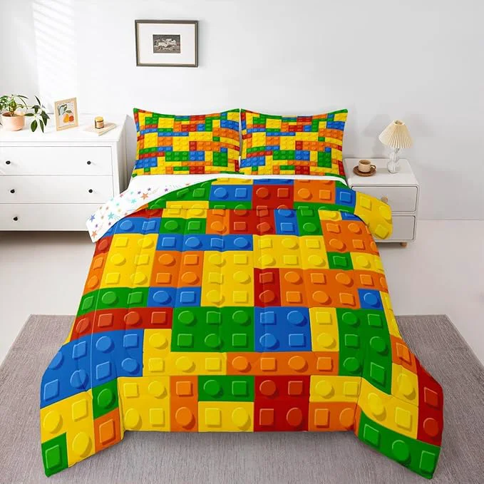 Fashionable Feelyou Games Comforter Set Twin Size Building Blocks Bedding Set for Kids Boys Girls Colorful Geometric Toy Brick Comforter Gaming Nursery Quilt Duvet Set with 1 Pillowcase Boys User-Friendly