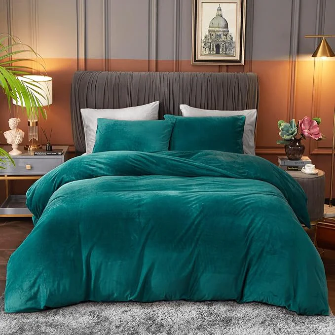 Contemporary Ivellow Velvet Flannel Duvet Cover King Size Peacock Blue Duvet Cover King Velvet Comforter Cover Set Ultra Soft Breathable Cozy Velour Duvet Cover Solid Luxury Bedding Set Zipper Closure Corner Ties Fine