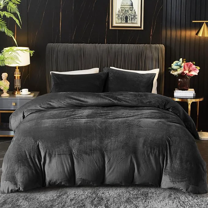 Prestigious Ivellow Velvet Duvet Cover Queen Set – Charcoal Gray 3Pcs Ultra Soft Breathable Solid Luxury Flannel Velour Comforter Cover With Zipper Closure and Corner Ties High-Performance