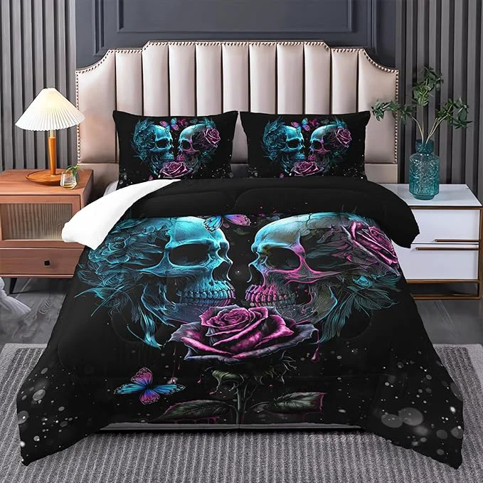 Solid Gothic King Size Bedding Set – Skull amp Rose Comforter Black amp Blue Quilt Artisan