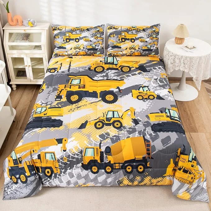 Crafted Feelyou Kids Construction Comforter Set Queen Size Bedding Sets for Boys Toddler Children Cartoon Excavator Tractor Comforter Set Construction Machinery Truck Duvet Set Baby Boys Vehicles Cars Bed Set Fast