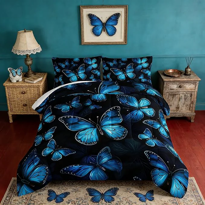 Casual Dream Blue Butterfly Comforter Set King Size Boho Bedding Comforter Sets for Kids Boys Girls Bedroom Decor Aesthetic Animal Themed Bedding Soft Fluffy Comforter Sets with 2 Pillowcases. Versatile