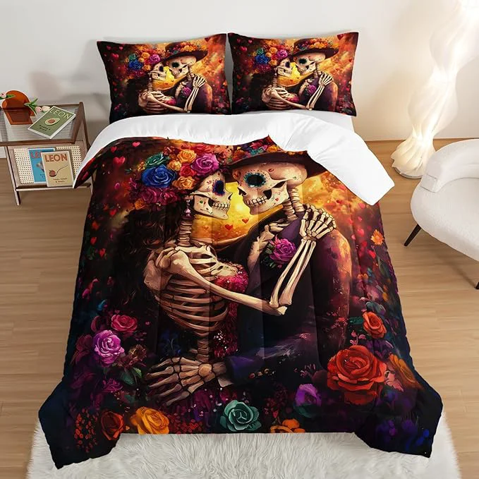 Safe Skull Printed Comforter Set King Size Skeleton Couple Embrace Bedding Romantic Flower Comforter Set for Kids Girls Room Decor Artistic Aesthetics Bedding Set with 2 Pillowcases. Innovative