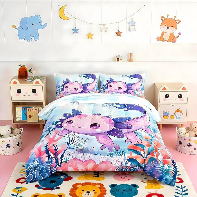 Excellent Cute Axolotl Bedding Set King Size Color Axolotl Waterweed Jellyfish Pattern Toddler Bed Comforter Set Kawaii Ocean Life Bedding Sets for Kids Boys Girls Room Decor with 2 Pillowcases. Environmentally Friendly