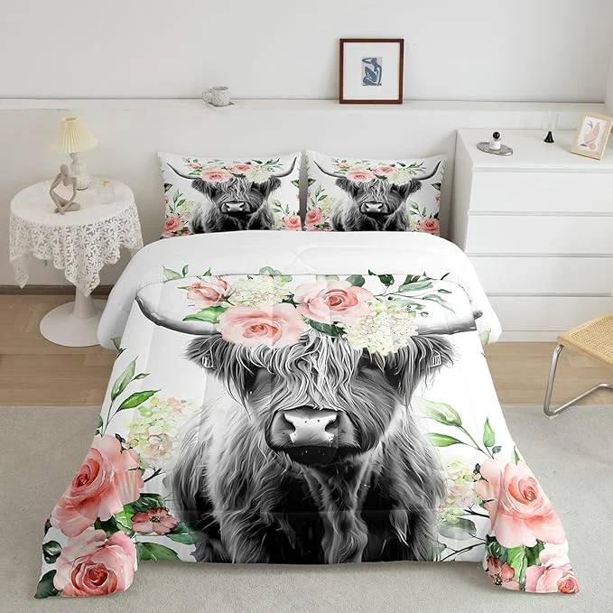 Professional Feelyou Highland Cow Bedding Set Kids Rose Floral Bull Cattle Comforter Set for Girls Teens Western Wildlife Animal Comforter Farmhouse Duvet Set Room Decor Quilt Set King Size Fine Crafted