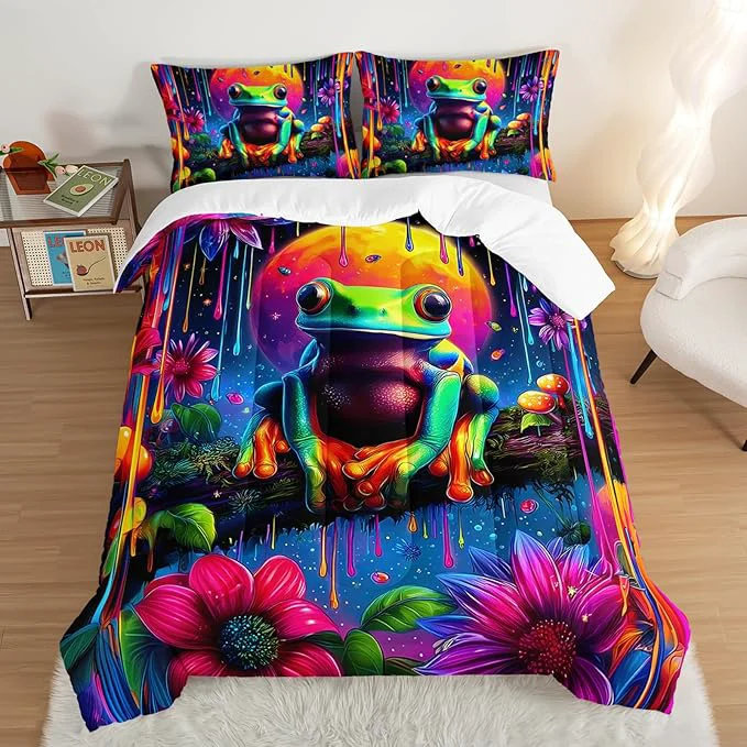 Prestigious Cartoon Frog Bedding Set Cute Full Size Colored Ink Flower Painting Comforter Sets for Kids Girls Boys Room Decor Cute Animals Themed Comforter Set with 2 Pillowcases. Original