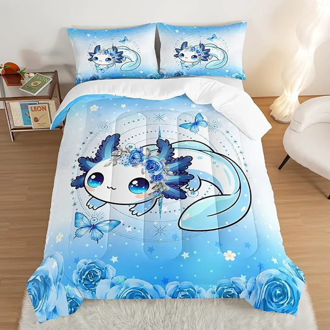 Fast Cartoon Axolotl Bedding Comforter Set King Size Cute Ocean Animal for Kids Girls Room Decor Blue With Butterfly Flowers and 2 Pillowcases High-Performance