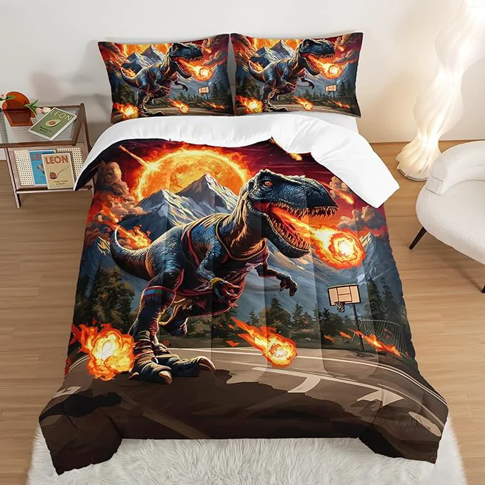 Secure Kids Fun Dinosaur 3 Piece Bedding Set King Size Cartoon Dinosaur Fireball Comforter Set for Boys Girls Teens Room Decor Animal Themed Bed in a Bag with 2 Pillowcases. Functional