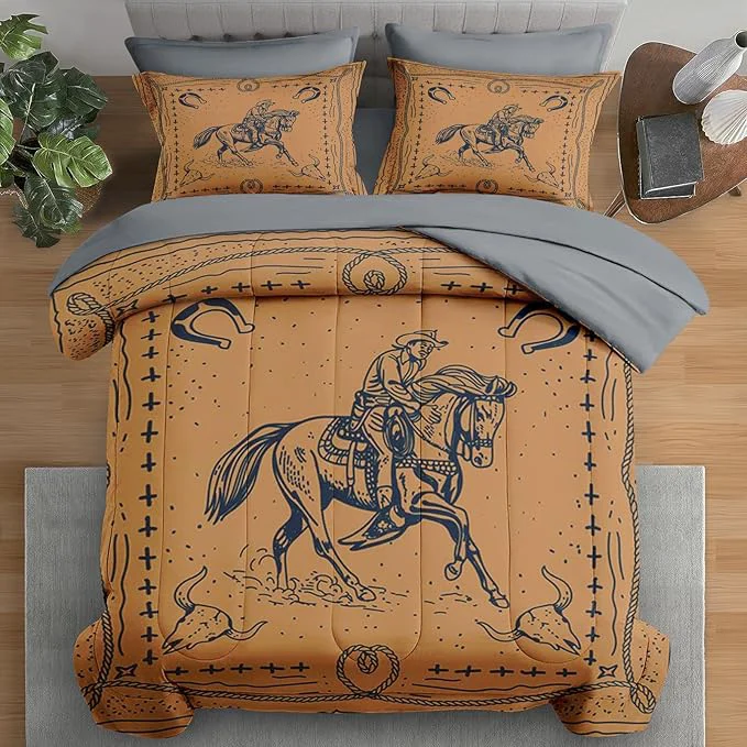 Soft Comforter Set King Size Western Cowboy Retro 7 Pcs Bedding for Kids and Adults Vintage Horse Animal Bed Sheet Sets with Fitted Sheet 2 Pillowcases amp 2 Shams for Bedroom Bed Decor Traditional