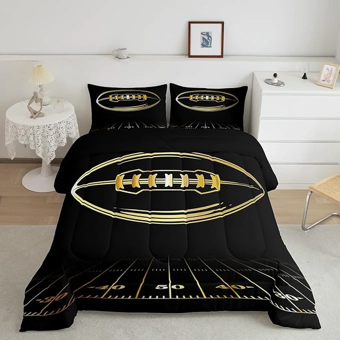 Artisan Feelyou Football Bedding Set King Kids Rugby Sports Comforter Set American Football Comforter Set for Boys Golden Black Room Decor Quilt with 2 Pillow Case Boys Clean