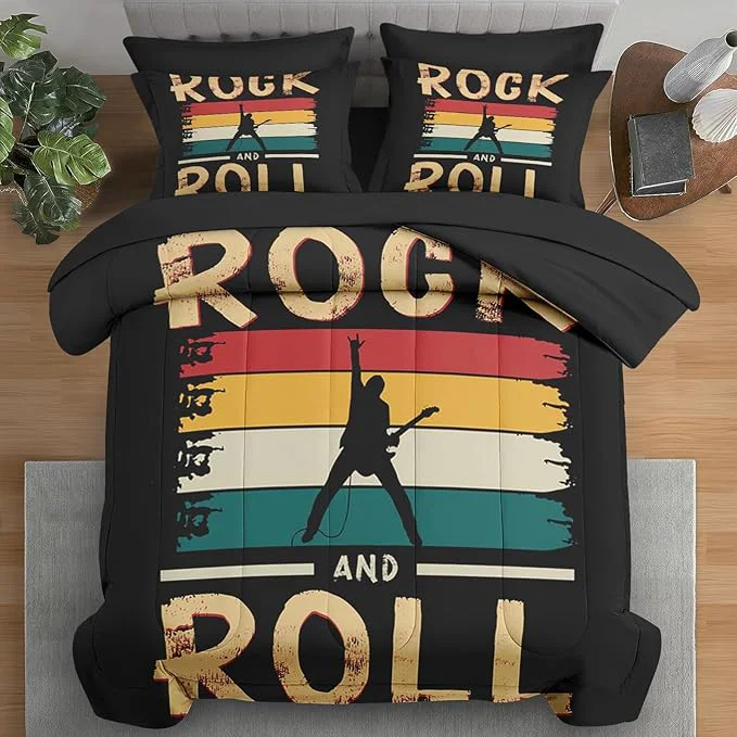 Enhanced Comforter Set Twin Size Rock Roll Music Vintage 5 Pcs Bedding for Kids and Adults Retro Guitar Disco Bed Sheet Sets with Fitted Sheet Pillowcase amp Sham for Bedroom Bed Decor First-Class