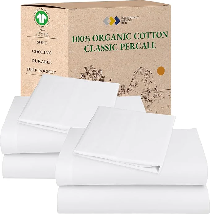Prestigious California Design Den 2-Pack Twin Sheets Set – Organic Cotton Crisp and Breathable Percale Feel Deep Pocket White Bed Sheets Lightweight Bedding Set – White Premium Material