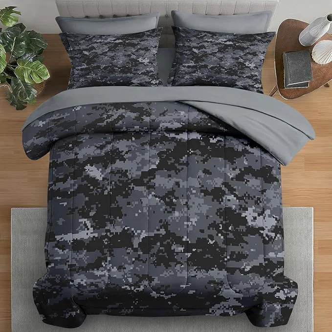 Pure Comforter Set Queen Size Camouflage Camo Military 7 Pcs Bedding for Kids and Adults Gray Black Bed Sheet Sets with Fitted Sheet 2 Pillowcases amp 2 Shams for Bedroom Bed Decor Dependable