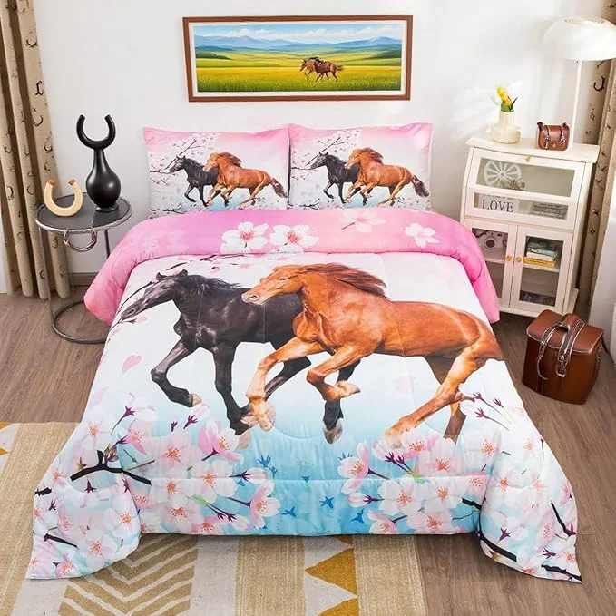 Sustainable Feelyou Girls Horse Comforter Set King Size Chic Pink Cherry Blossom Bedding Set for Horse Lover Gift Farmhouse Comforter 3D Wild Animal Quilted Bedroom Decor 3Pcs Practical