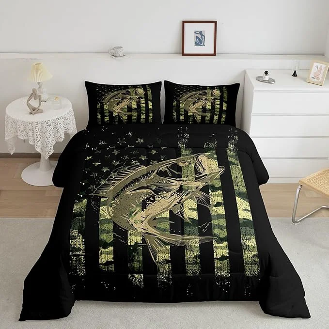 High-Grade Feelyou Bass Fish Comforter Set Queen Size Fisherman Camouflage Bedding Set Pike Fish Camo American Flag Comforter for Women Men Fsihing Lover Room Farmhouse Fishing Bed Set Wild Quilted Set 3Pcs Crafted
