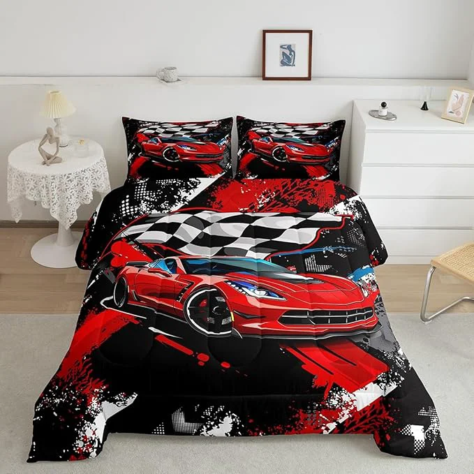 Consistent Car Bedding Set For Boys Cool Racing Sports Car Comforter Cover for Kids Children Extreme Sports Theme Comforter Modern Red Automobile Duvet Set Room Decor 1 Comforter With 1 Pillow Case Twin Size Quality