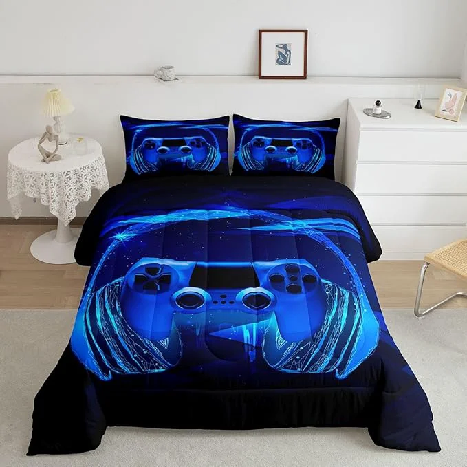 High-Quality Feelyou Gamer Bedding Set Kids Video Game Gamepad Comforter Set for Boys Teens Gaming Headset Comforter Blue Game Controller Duvet Set Room Decor Quilt King Size Boys Durable