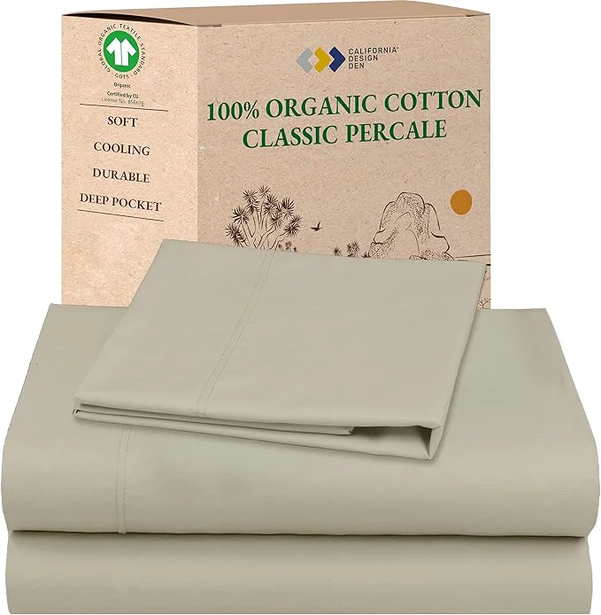 Selected California Design Den Twin Size Sheets Set – Soft Organic Bed Sheets with Deep Pockets Crisp Percale Breathable and Durable Bedding Set – Warm Taupe