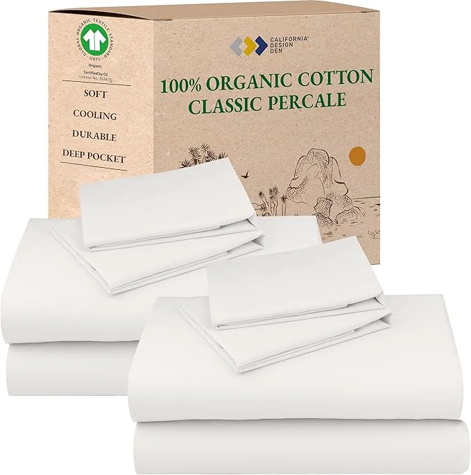 Enhanced California Design Den 2-Pack Organic Cotton Percale Sheets Queen Size Set – Crisp and Breathable Percale Deep Pocket Queen Size Sheet Sets Lightweight Bedding Set – True Ivory Elegant