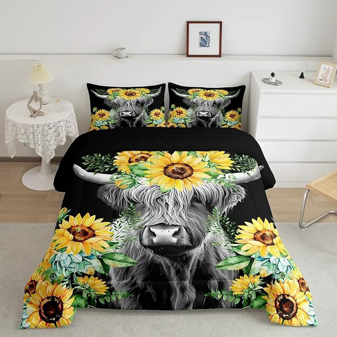 Authentic Feelyou Highland Cow Bedding Set Kids Sunflower Floral Western Cow Bull Comforter Set for Girls Teens Farmhouse Wildlife Animal Comforter Black Duvet Set Room Decor Quilt Set Twin Size Smart