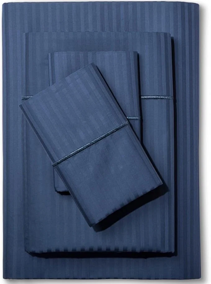 Enhanced Feather amp Stitch 500 TC Full Size Damask Bed Sheet Set Cotton Soft Breathable Bedsheets 4 Piece 18 quot Deep Pockets Sateen Weave Striped Bedding Mattress Resort Hotel Luxury – Dark Blue Stripe Prestigious