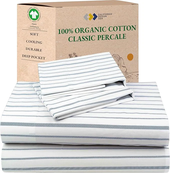 Refined California Design Den Full Sheet Set Stripe Organic Cotton Percale Sheets Deep Pocket Full Sheets amp Pillowcase Set – Blue Stripe Stylish