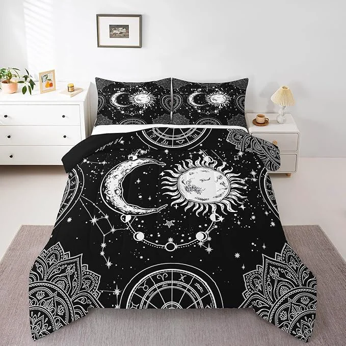Practical Sun and Moon Bedding Set Constellation Galaxy Comforter for Kids Boys Girls Teens Psychedelic Boho Mandala Comforter Breathable Celestial Duvet Set Black White Room Decor Quilt Cover Full Size Relaxed