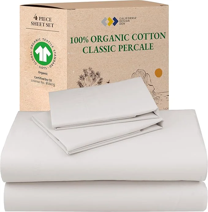 Refined California Design Den Organic Cotton Sheets Queen Size Bed Set – Crisp Percale Deep Pocket Queen Sheet Set Breathable and Durable Bedding – Stone True Beige Premium
