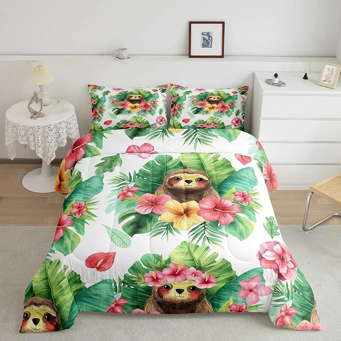 Reliable Erosebridal Cartoon Sloth Comforter Set Kawaii Sloth Bedding Palm Leaf Cherry Blossom Monstera Quilt Hawaiian Tropical Leaf Animal Duvet Insert for Kids Boys Girls 3Pcs Full Size Trendy