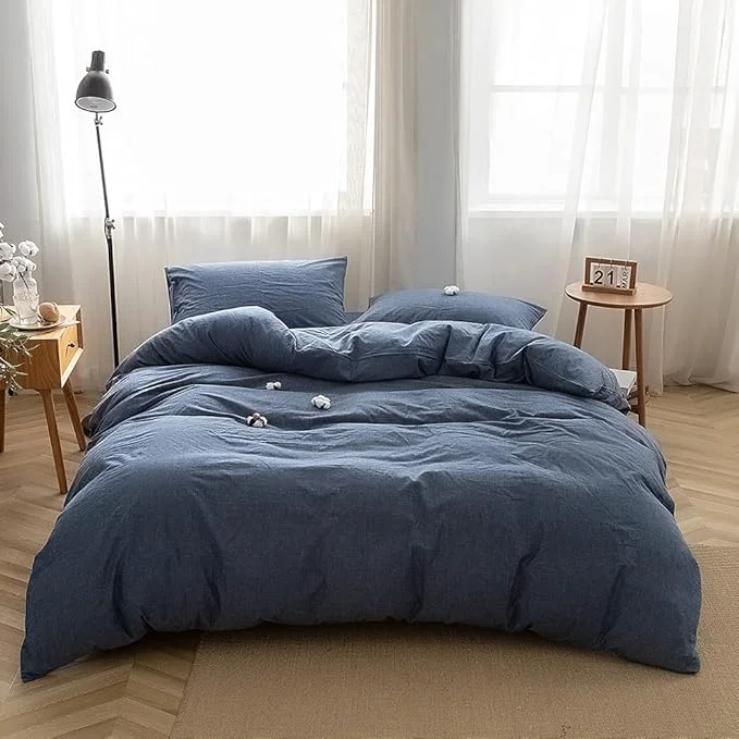 Superior FACE TWO FACE Bedding Duvet Cover Set Washed Cotton Duvet Cover Linen Like Textured Breathable Durable Soft Comfy King Navy Blue Sustainable