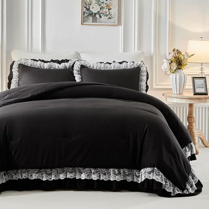 Proven Joyreap King Size Comforter Set Black 3pcs Lace Ruffled Bedding Comforter Set Microfiber Vintage Gothic Boho Chic Bedding Set for All Season- 100×88 inches Elegant