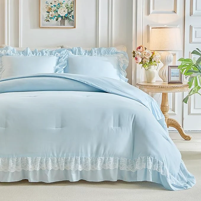Breathable Joyreap King Size Comforter Set Blue 3pcs Lace Ruffled Bedding Comforter Set Microfiber Vintage Boho Chic Bedding Set for All Season- 100×88 inches Next-Generation
