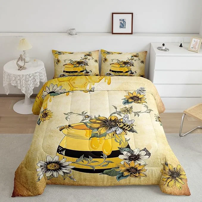 Advanced Erosebridal Yellow Bee Bedding Set Sweet Honey Can Comforter Set for Teens Adult Women Gerbera Floral Duvet Set 3Pcs with 2 Pillow Cases Vintage Cartoon Microfiber Down Comforter King Size Original Design