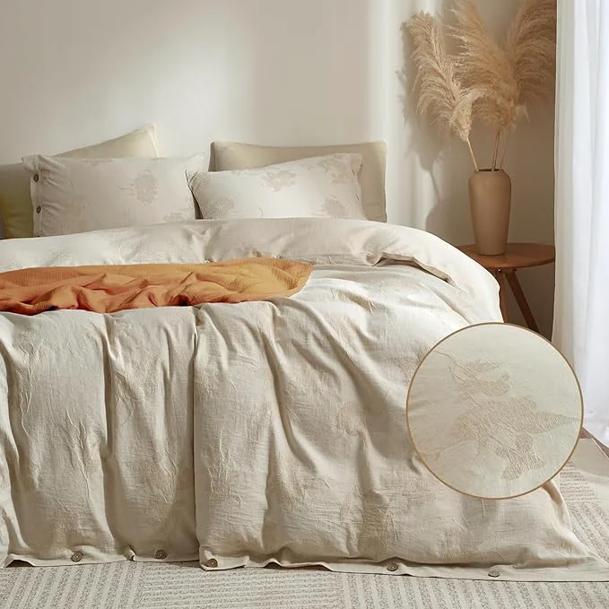 Traditional mixinni Queen Duvet Cover Set – 70 Cotton 30 Linen Blend Bohemian Floral Jacquard 3-Piece Comforter Cover with 2 Pillowcases Soft Breathable Lightweight Bedding Set 90 quot x90 quot Almond Milk Grey Sustainable