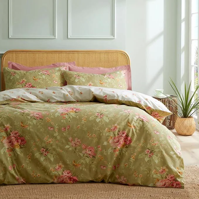Fashionable mixinni Duvet Cover Full Size Long Staple Cotton Reversible Green Floral Duvet Cover Set with Zipper Ties 3 Pieces Botanical Pink Flowers and Green Branches Patterns Bedding Set Consistent