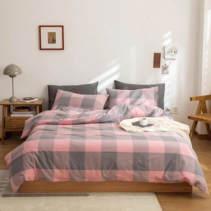 World-Class FACE TWO FACE Bedding Duvet Cover Set Washed Cotton Duvet Cover Linen Like Textured Breathable Durable Soft Comfy California King Grey Powder Grid Sophisticated