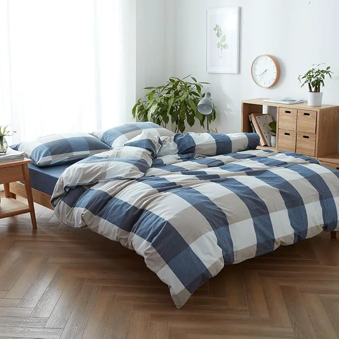 Trusted FACE TWO FACE Bedding Duvet Cover Set Washed Cotton Duvet Cover Linen Like Textured Breathable Durable Soft Comfy Queen Blue and White Grid Stylish