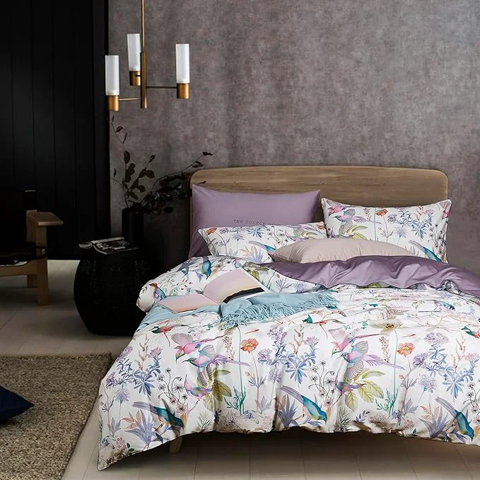 Trendy mixinni Queen Size Duvet Cover Purple Flowers Bird Bedding Sets Shabby Chic Boho Long-Staple Cotton Duvet Cover Set with Zipper Ties 1 Duvet Cover 2 Pillowcases Ultra Soft Breathable-Queen Size High-End