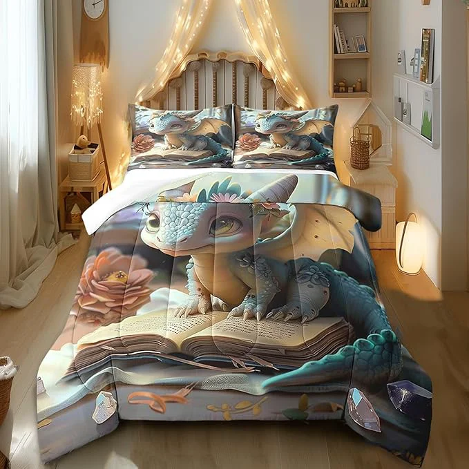 Selected Cartoon Dragon Comforter Set King Size Fantasy Western Animal Bedding Set Toddler Bedroom Decor Wild Daisy Flower All Season Quilt Set Cute Dragons Bedding Comforter Sets 3Pcs Sophisticated
