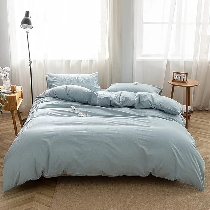 High-Performance FACE TWO FACE Bedding Duvet Cover Set Washed Cotton Duvet Cover Linen Like Textured Breathable Durable Soft Comfy Twin Light Blue Versatile