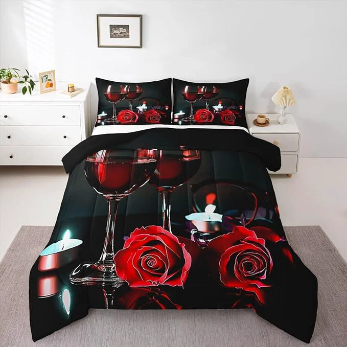 Effective Erosebridal 3D Rose Wine Glass Bedding Sets King Girls Romantic Eiffel Tower Comforter Women Floral Fruit Quilt Red Black Flower Bedding Quilted Soft Microfiber Down Comforter with 2 Pillowcases Gray Specialty