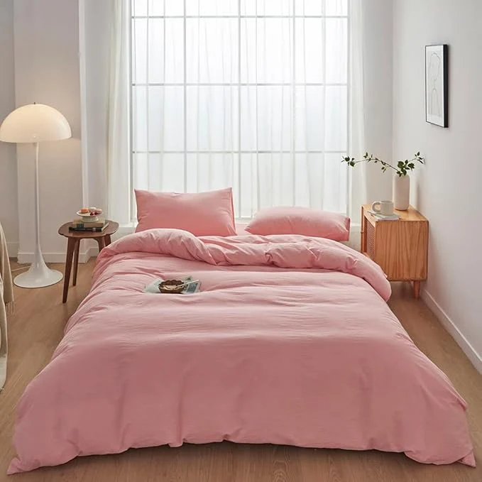 Versatile FACE TWO FACE Bedding Duvet Cover Set Washed Cotton Duvet Cover Linen Like Textured Breathable Durable Soft Comfy Queen Light Pink Efficient