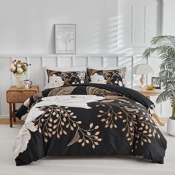 Elite mixinni Black Floral Duvet Cover Full Size 3 Pieces Garden Style Botanical Flowers Leaves Bedding Set Soft Cotton Reversible Farmhouse Boho Duvet Cover and 2 Pillowcases for All Season-Full Size Certified