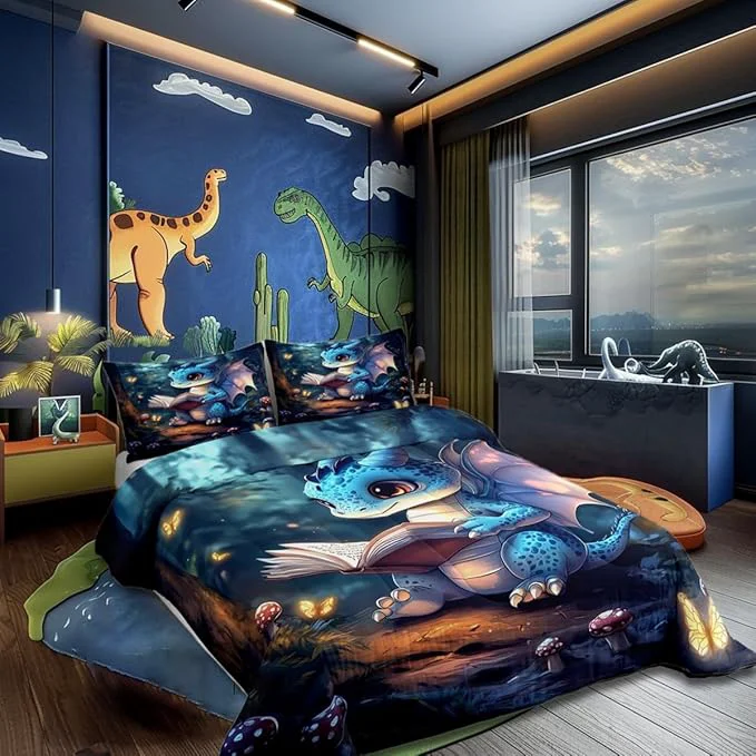 Eco-Friendly 3D Cartoon Dragon Bedding Set Full Size Western Fairy Tale Comforter for Child Teens Sparkling Pink Butterfly Down Comforter Mysterious Jungle Duvet Insert with 2 Pillowcases Relaxed