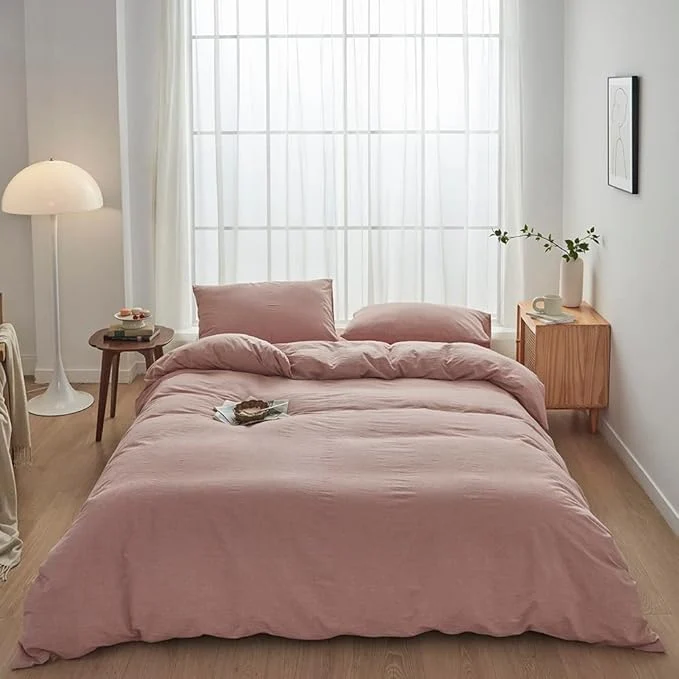 Original Design FACE TWO FACE Bedding Duvet Cover Set Washed Cotton Duvet Cover Linen Like Textured Breathable Durable Soft Comfy Twin Old Pink Green