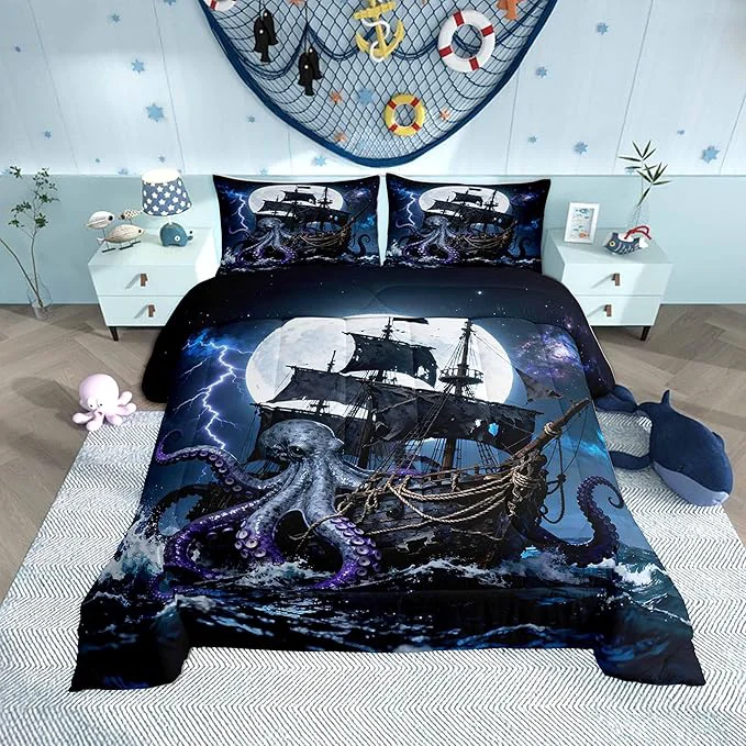 Sustainable Castle Fairy Octopus Pirate Ship Comforter Set King Size 3 Pcs Moon Lightning Galaxy Night Sky Bedding Sets for Kids Teens Adults Wild Sealife Ocean Sailing Down Comforter with 2 Pillowcases Minimalist