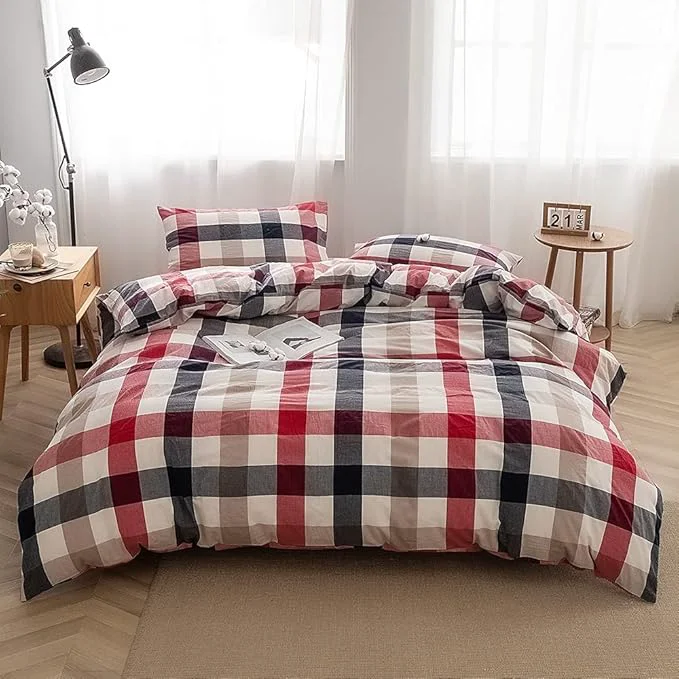 Premium FACE TWO FACE Bedding Duvet Cover Set Washed Cotton Duvet Cover Linen Like Textured Breathable Durable Soft Comfy California King Blue red Grid Classic
