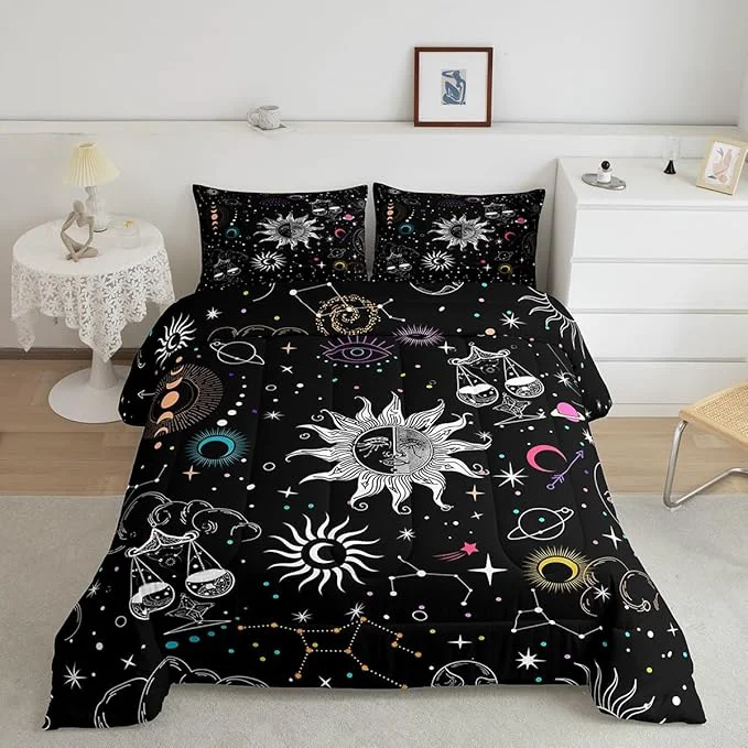 Durable Bohemian Sun Moon Comforter Set Queen Trippy Stars Style Bedding Sets For Kids Teens Zodiac Libra Pattern Duvet Insert Universe Planet Bedding Boho Moon Phase Bedding Comforter Set Home Decor Black Proven